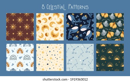 Celestial boho kids seamless pattern with space rainbow, whale, butterfly, moon and stars, celestial sky digital paper, mystical nursery background for textile, scrapbooking, wrapping paper, wallpaper