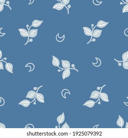Celestial boho kids seamless pattern with blue moon and tree branches, dark celestial sky digital paper, mystical nursery background for textile, scrapbooking, wrapping paper, wallpaper