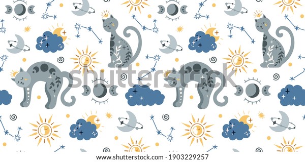 Celestial boho kids seamless pattern with space\
cat, clouds, sun, moon and stars, celestial sky digital paper,\
mystical nursery background for textile, scrapbooking, wrapping\
paper, wallpaper
