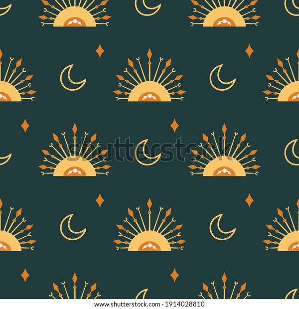 Celestial boho\
kids seamless pattern with yellow moon and sun on dark, starry sky\
digital paper, mystical nursery background for textile,\
scrapbooking, wrapping paper,\
wallpaper