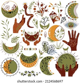 Celestial boho Moon phase. Mystical heavenly moon, mystic snake, crystal, leaf, flowers. Bohemian Witchcraft moon. Mysterious Lunar set. Vector illustration.