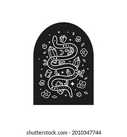 Celestial boho outline snake with moon phases, leaves, crystals, stars, crescent in black frame isolated on white background. Bohemian reptile. Mystical illustration. Alchemy symbol.