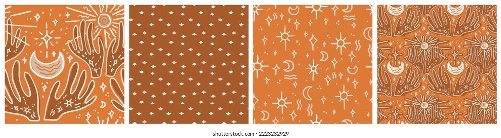 Celestial boho print. Raising hands, pray gesture asking for support, fortune teller seamless pattern in warm earthy colours, terracotta orange, light brown and off-white. 