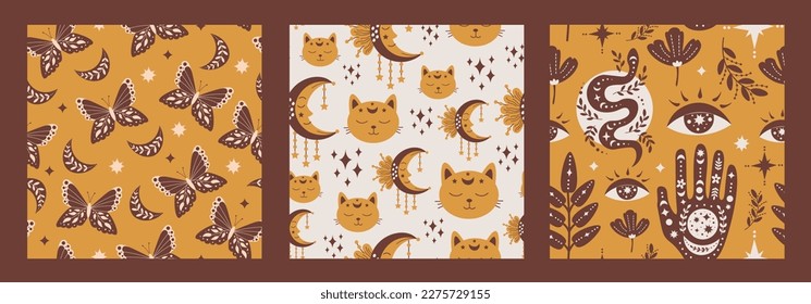 Celestial boho seamless pattern  Retro mystical backgrounds collection and esoteric symbols  moon  cat  crescent  butterfly  hand  snake  Repeat vector illustration