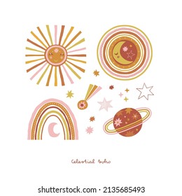 Celestial boho sun moon crescent rainbow planet fallen star vector illustration set isolated on white. Scandinavian decorative day and night universe poster for nursery decor.