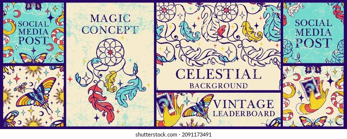 Celestial boho, tarot templates, leaderboard, frames for quotes or promotion, banners, social media posts. Vintage esoteric mystical theme with magic dreamcatcher, cards, butterflies.