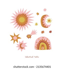 Celestial boho whimsy sun crescent rainbow stars vector illustration set isolated on white. Scandinavian decorative childish day and night print collection for kids tee print or nursery decor.