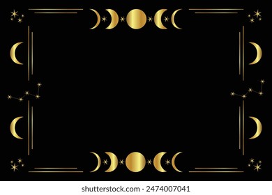 Celestial border with golden frame with stars, moon phases, crescents, and copy space. Vector mystic linear background with place for text.