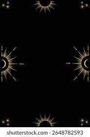 Celestial border with golden frame with stars, moon , sun, crescents, and copy space. Vector mystic linear background with place for text.