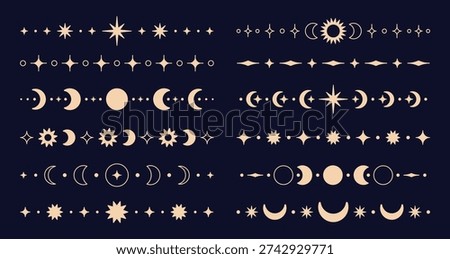 Celestial borders. Simple ornaments, dividers with stars crescent moon sun. Magic borders design for diary decor, notebook, cards, invitation, racy vector set