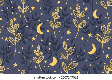 Celestial botanical bohemian vector seamless pattern - for fabric, wrapping, textile, wallpaper, background.