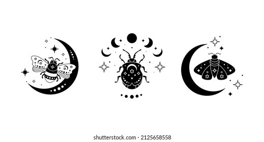 Celestial butterfly, bee and bug vector illustration set. Black silhouette of mystical moth with moon phases, magic composition. Magic insect, esoteric symbol.