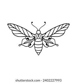 Celestial Butterfly Doodle Illustration. Hand Drawn Beautiful Line Art Butterfly Tattoo. This boho butterfly  are good for design of mystical project, card and poster making, decoration clothes, etc