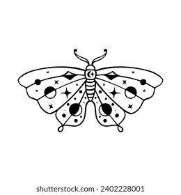 Celestial Butterfly Doodle Illustration. Hand Drawn Beautiful Line Art Butterfly Tattoo. This boho butterfly  are good for design of mystical project, card and poster making, decoration clothes, etc