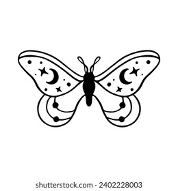 Ilustración de Doodle de Mariposa Celestial. Tatuaje De Mariposa De La Línea De La Mano. Esta mariposa boho es buena para el diseño de proyectos místicos, fabricación de carteles y carteles, ropa de decoración, etc