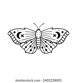 Celestial Butterfly Doodle Illustration. Hand Drawn Beautiful Line Art Butterfly Tattoo. This boho butterfly  are good for design of mystical project, card and poster making, decoration clothes, etc