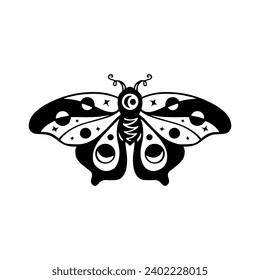 Celestial Butterfly Doodle Illustration. Hand Drawn Beautiful Line Art Butterfly Tattoo. This boho butterfly  are good for design of mystical project, card and poster making, decoration clothes, etc