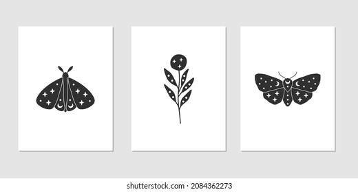 Celestial butterfly, floral vector illustration. Mystical luna moth, flower. Magic insect on white background. Design for boho poster, magical card, t shirt print, home decoration, wall art.