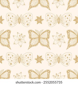 Celestial Butterfly and Flowers Seamless Pattern. Hand drawn Esoteric background with moth. Golden line art. Repeat vector illustration