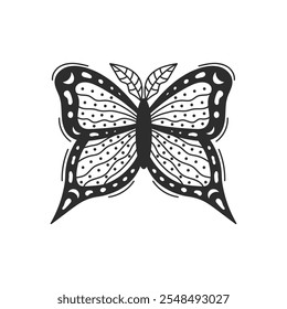 Celestial Butterfly in hand drawn doodle style. Elegant moth silhouette. Line art vector illustration for esoteric occult topics, tattoo, print, card, poster