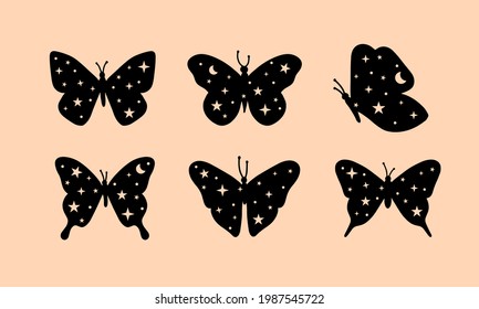 Celestial butterfly hand drawn illustrations. Collection of celestial illustrations of butterflies. 