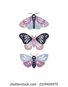 Celestial butterfly with moon phases vector illustration. Magic moth isolated on white background. Mystical floral insect design for poster, card, t shirt print.