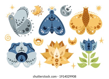 Celestial butterfly or moth, flowers and moon isolated boho kids clipart, lotus, sun and stars on white background, mystical space baby illustration, vector design elements on white