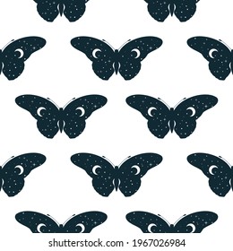 Celestial butterfly seamless pattern. Mystical moth background with stars and half moon. Spiritual texture.