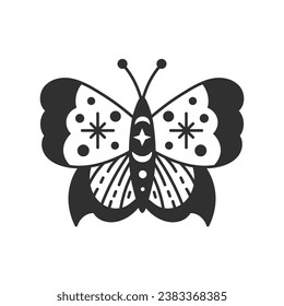 Celestial butterfly with stars doodle. Decorative night moth with crescent, lines and dots ornament. Black vector illustration on white background. Mystical, esoteric, astrology symbol.