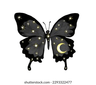 Mariposa celeste con estrellas y luna dentro. Hermoso insecto volador de fantasía con cielo nocturno, espacio. Acuarela vectorial sagrada para tatuaje esotérico, diseño del universo 