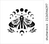 Celestial butterfly vector illustration. Mystical moon moth with moon phases. Boho magic insect on white background. Template for modern poster, card, t shirt print, trendy tattoo.
