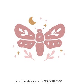 Celestial butterfly vector illustration. Mystical luna moth with floral decoration. Magic moon insect on white background. Design for boho poster, card, t shirt print.