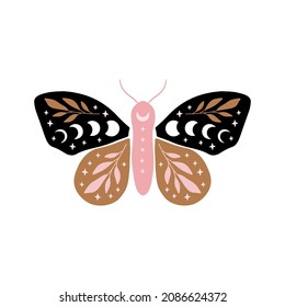 Celestial butterfly vector illustration. Mystical luna moth with moon phases. Magic floral insect on white background. Design for boho poster, card, magical t shirt print, tag, sticker.
