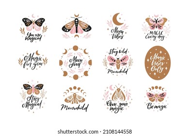 Ilustración vectorial de la mariposa celestial. Masa mística con fases lunares. Insulto mágico sobre fondo blanco. Sólo cita de vibraciones mágicas, frase de moda. Diseño de afiches, tarjetas, camisetas impresas.