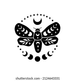 Celestial butterfly vector illustration. Mystical moon moth with moon phases. Boho magic insect on white background. Template for modern poster, card, t shirt print, trendy tattoo.