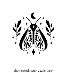 Ilustración vectorial de la mariposa celestial. Mímica lunar mística con fases lunares. El insecto mágico Boho sobre fondo blanco. Plantilla para póster moderno, tarjeta, camiseta impresa, tatuaje de moda.