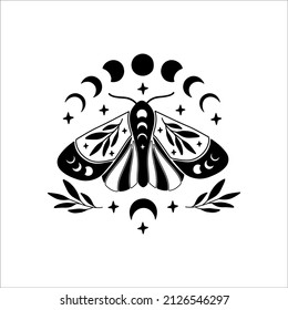 Ilustración vectorial de la mariposa celestial. Mímica lunar mística con fases lunares. El insecto mágico Boho sobre fondo blanco. Plantilla para póster moderno, tarjeta, camiseta impresa, tatuaje de moda.