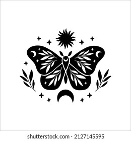 Ilustración vectorial de la mariposa celestial. Mímica luna. El insecto mágico Boho sobre fondo blanco. Plantilla para póster moderno, tarjeta, camiseta impresa, pegatina.