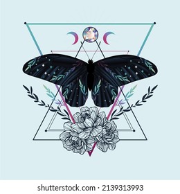 Ilustración vectorial de la mariposa celestial. Mariposa mística con luna y cristal. Símbolo de alquimia estotérica. Diseño de afiches, tarjetas, camisetas impresas, tatuajes.