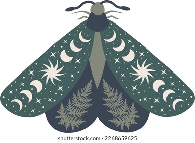 Celestial butterfly vector illustration. Mystical luna moth with moon phases. Magic floral insect on white background. Design for boho poster, card, madical t shirt print, tag, sticker.
