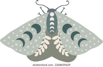 Celestial butterfly vector illustration. Mystical luna moth with moon phases. Magic floral insect on white background. Design for boho poster, card, madical t shirt print, tag, sticker.
