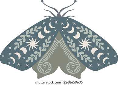 Celestial butterfly vector illustration. Mystical luna moth with moon phases. Magic floral insect on white background. Design for boho poster, card, madical t shirt print, tag, sticker.
