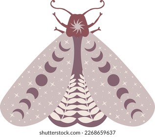 Celestial butterfly vector illustration. Mystical luna moth with moon phases. Magic floral insect on white background. Design for boho poster, card, madical t shirt print, tag, sticker.
