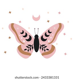 Celestial butterfly vector illustration. Mystical moth with moon phases. Magical insect on white background. Design for poster, card, t shirt print