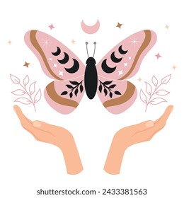 Celestial butterfly vector illustration. Mystical moth with moon phases. Magical insect on white background. Design for poster, card, t shirt print