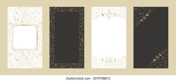 Plantillas de tarjetas celestes para historias y banners web con espacio de copia. Conjunto de fondos vectoriales festivos. Cuatro brillantes marcos astrológicos dorados con estrellas, constelaciones, centavos y lugar de texto