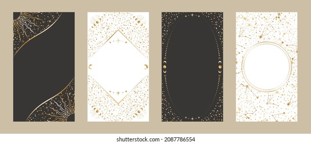 Plantillas de tarjetas celestes para historias y banners web con espacio de copia. Conjunto de fondos vectoriales festivos. Cuatro elegantes y brillantes marcos dorados con estrellas, constelaciones, centavos y lugar para el texto