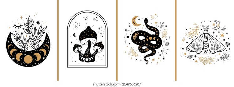 Celestial cards set. Mystical boho floral moon, mushroom, moth, moon serpent. Mystic celestial elements collection. Esoteric logo. Black gold color Witchcraft banner Floral snake vector illustration.