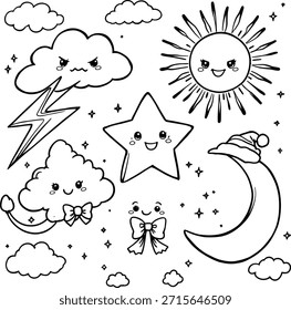 Celestial Cartoon Characters – Sun, Moon, Star, Clouds, Lightning, Bows, Whimsical Faces for Weather and Space Themes