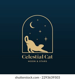 Celestial cat absttract vector logo template. Stratching cat silhouette on the night arch window with moon and stars in the sky background. Isolated